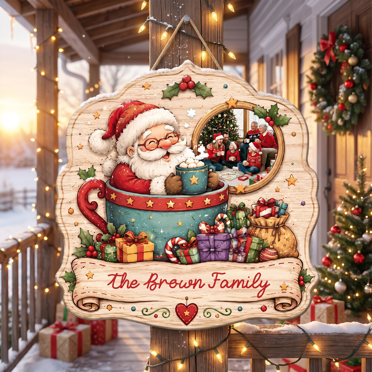 Personalized Santa in Teacup Photo Custom Shape Wood Sign, Custom Family Picture Name Hot Chocolate Wooden Hanging Plaque, Cozy Holiday Door & Wall Decor Family Gift