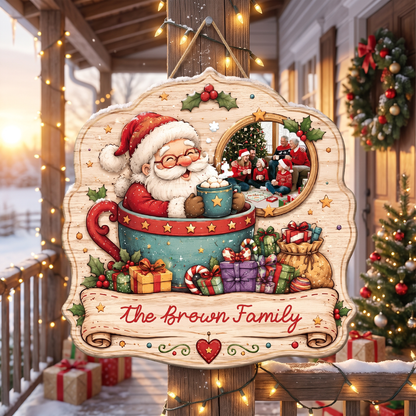 Personalized Santa in Teacup Photo Custom Shape Wood Sign, Custom Family Picture Name Hot Chocolate Wooden Hanging Plaque, Cozy Holiday Door & Wall Decor Family Gift