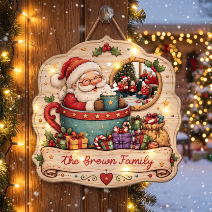 Personalized Santa in Teacup Photo Custom Shape Wood Sign, Custom Family Picture Name Hot Chocolate Wooden Hanging Plaque, Cozy Holiday Door & Wall Decor Family Gift