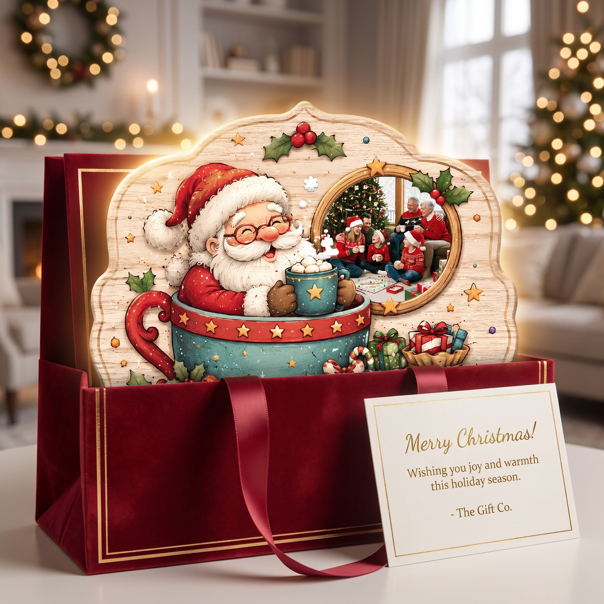 Personalized Santa in Teacup Photo Custom Shape Wood Sign, Custom Family Picture Name Hot Chocolate Wooden Hanging Plaque, Cozy Holiday Door & Wall Decor Family Gift