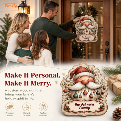 Personalized Cute Vintage Santa Claus Baubles Beard Custom Shape Wood Sign, Custom Family Name Festive Santa Face Christmas Wooden Hanging Plaque, Holiday Door & Wall Decor Family Gift