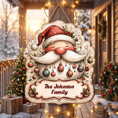 Personalized Cute Vintage Santa Claus Baubles Beard Custom Shape Wood Sign, Custom Family Name Festive Santa Face Christmas Wooden Hanging Plaque, Holiday Door & Wall Decor Family Gift