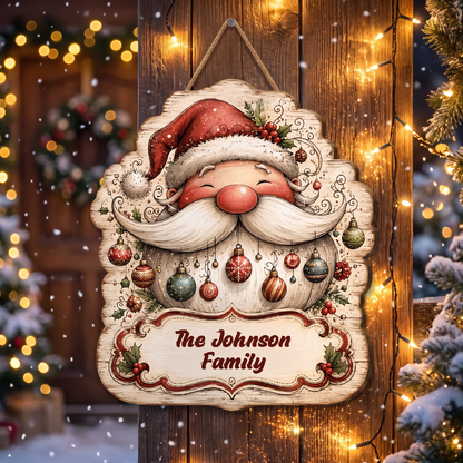 Personalized Cute Vintage Santa Claus Baubles Beard Custom Shape Wood Sign, Custom Family Name Festive Santa Face Christmas Wooden Hanging Plaque, Holiday Door & Wall Decor Family Gift