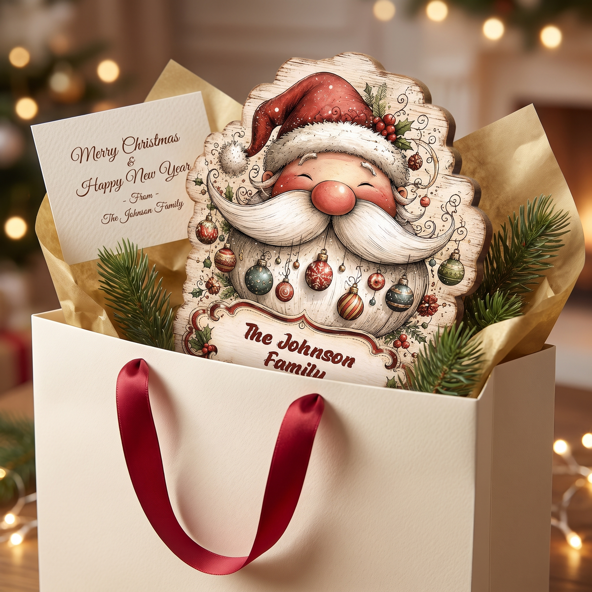 Personalized Cute Vintage Santa Claus Baubles Beard Custom Shape Wood Sign, Custom Family Name Festive Santa Face Christmas Wooden Hanging Plaque, Holiday Door & Wall Decor Family Gift