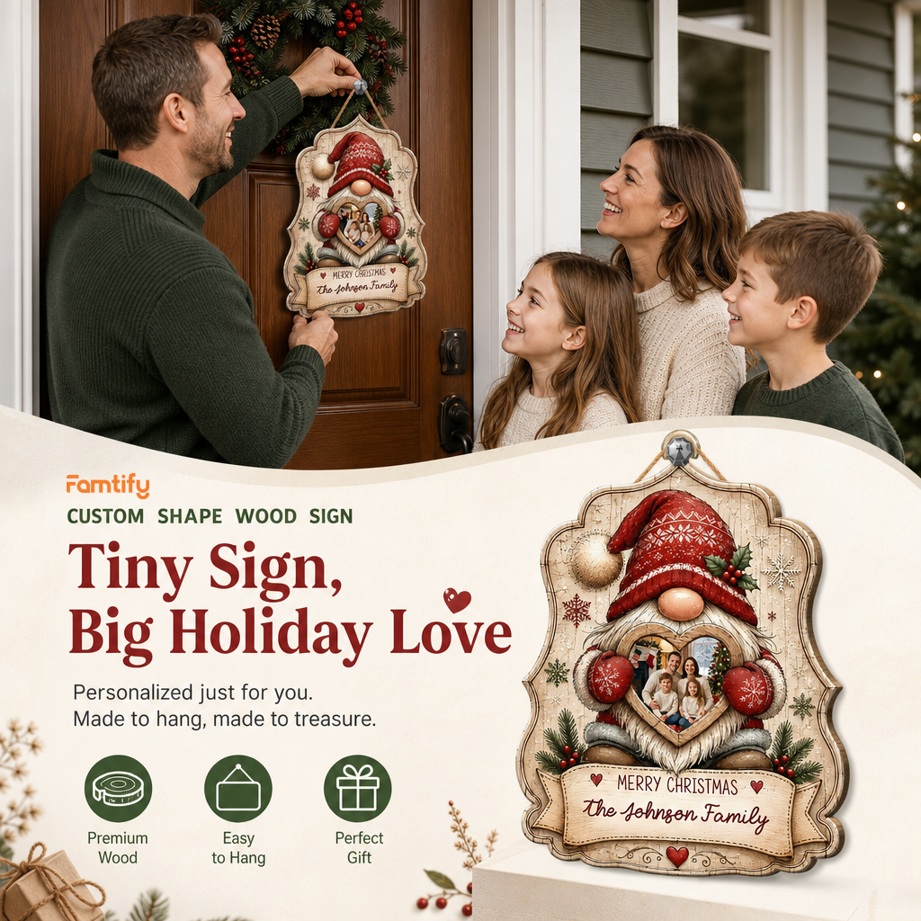 Personalized Christmas Gnome Heart Photo Frame Custom Shape Wood Sign, Custom Family Picture Name Nordic Gnome Wooden Hanging Plaque, Rustic Holiday Door & Wall Decor Family Gift