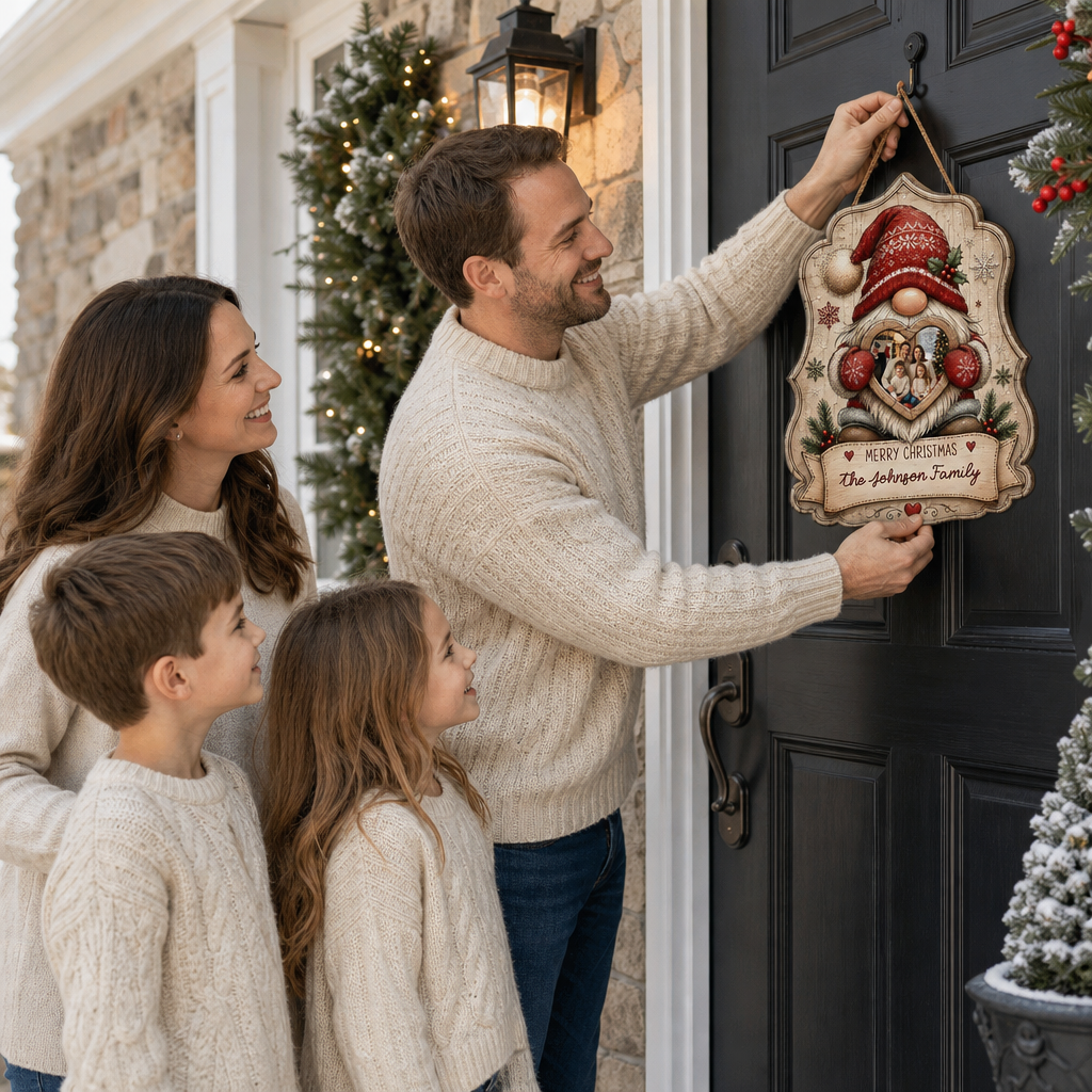 Personalized Christmas Gnome Heart Photo Frame Custom Shape Wood Sign, Custom Family Picture Name Nordic Gnome Wooden Hanging Plaque, Rustic Holiday Door & Wall Decor Family Gift