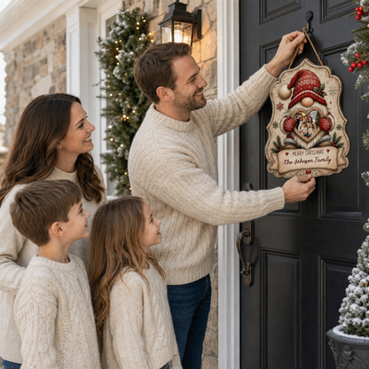 Personalized Christmas Gnome Heart Photo Frame Custom Shape Wood Sign, Custom Family Picture Name Nordic Gnome Wooden Hanging Plaque, Rustic Holiday Door & Wall Decor Family Gift