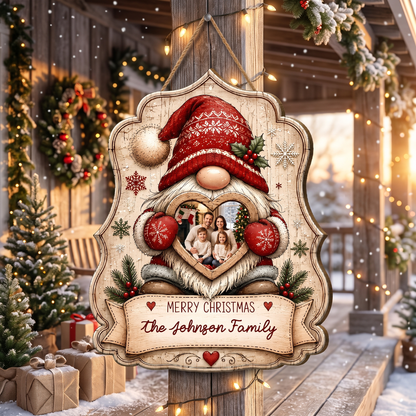 Personalized Christmas Gnome Heart Photo Frame Custom Shape Wood Sign, Custom Family Picture Name Nordic Gnome Wooden Hanging Plaque, Rustic Holiday Door & Wall Decor Family Gift