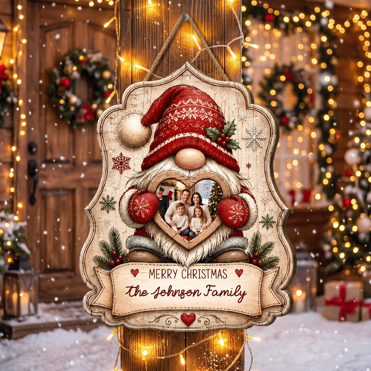 Personalized Christmas Gnome Heart Photo Frame Custom Shape Wood Sign, Custom Family Picture Name Nordic Gnome Wooden Hanging Plaque, Rustic Holiday Door & Wall Decor Family Gift