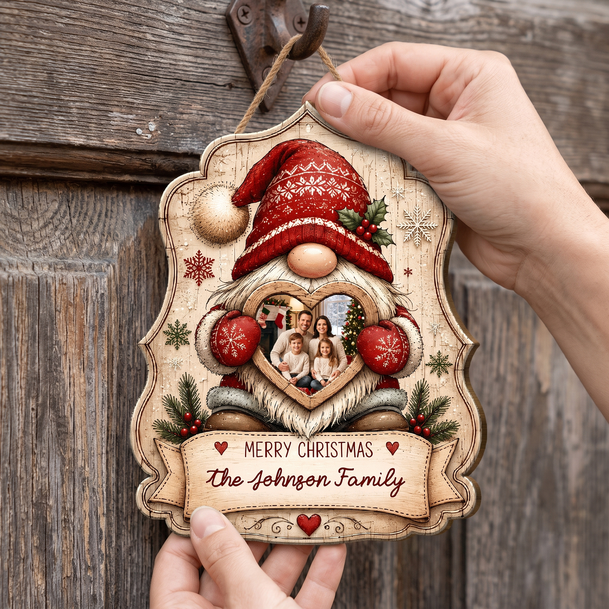Personalized Christmas Gnome Heart Photo Frame Custom Shape Wood Sign, Custom Family Picture Name Nordic Gnome Wooden Hanging Plaque, Rustic Holiday Door & Wall Decor Family Gift