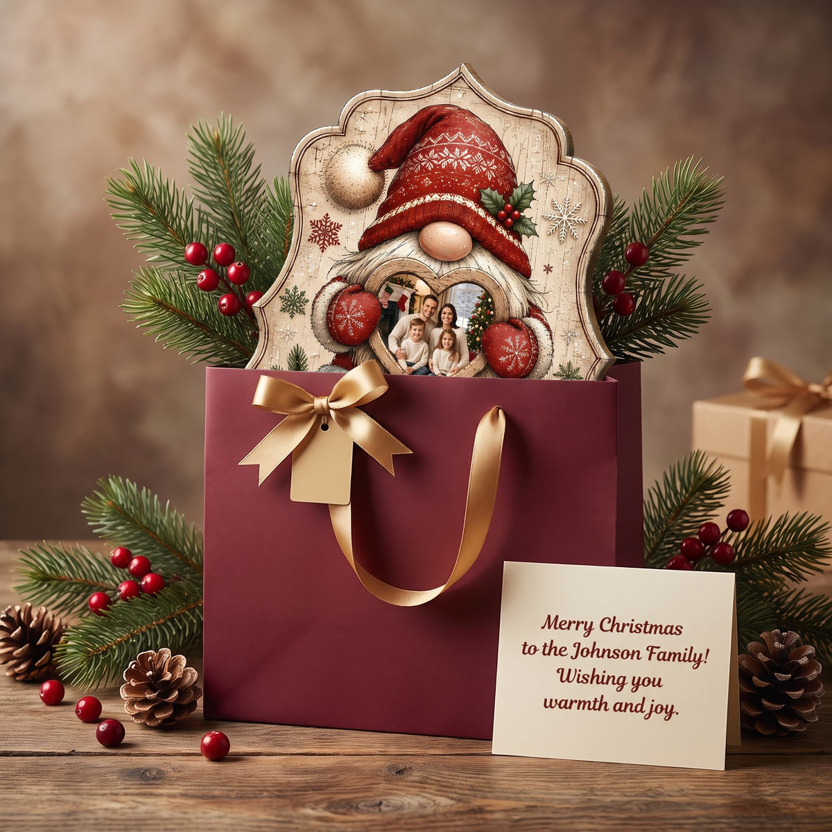 Personalized Christmas Gnome Heart Photo Frame Custom Shape Wood Sign, Custom Family Picture Name Nordic Gnome Wooden Hanging Plaque, Rustic Holiday Door & Wall Decor Family Gift