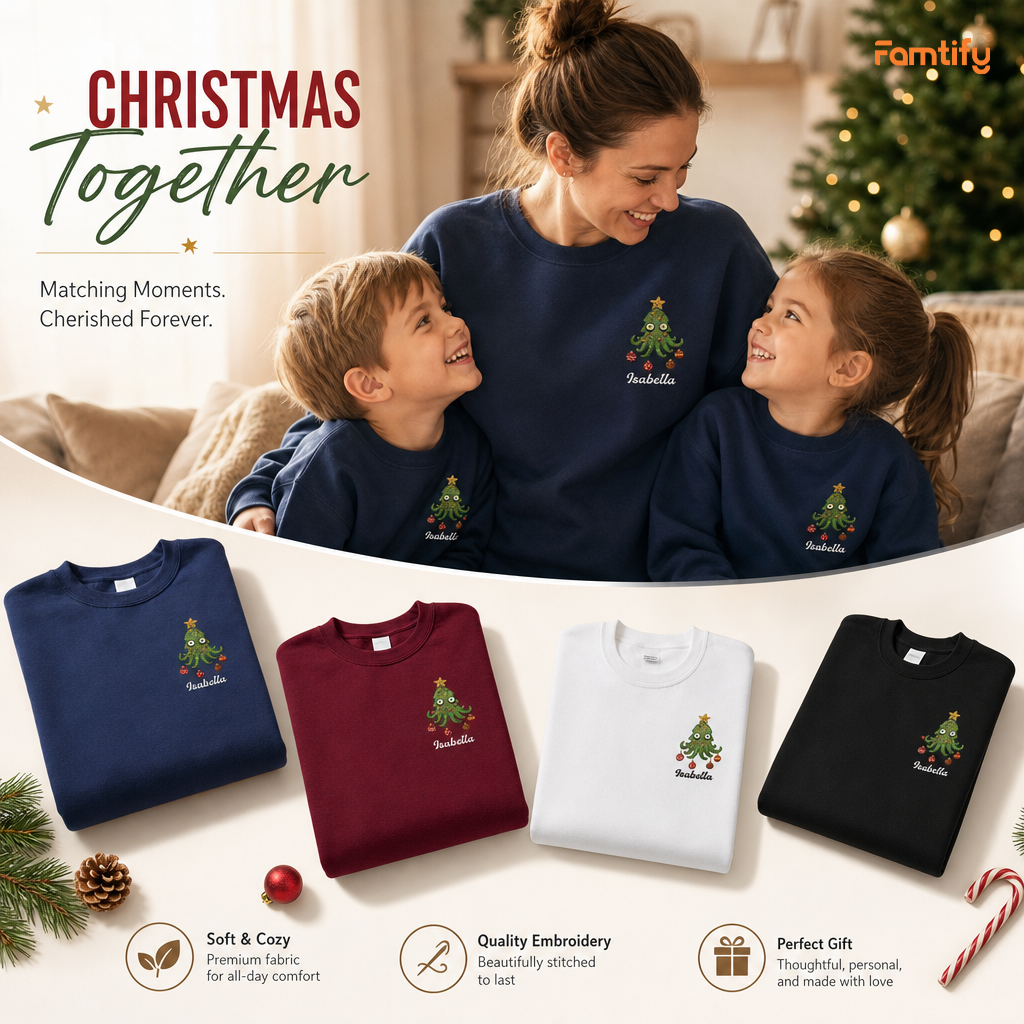 Personalized Embroidered Cute Christmas Tree Sweatshirt with Custom Name