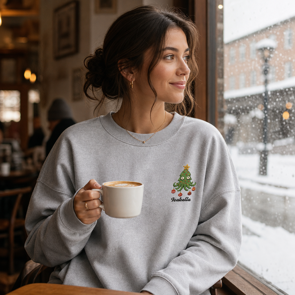 Personalized Embroidered Cute Christmas Tree Sweatshirt with Custom Name