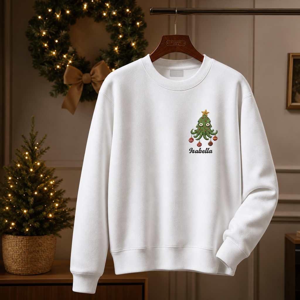 Personalized Embroidered Cute Christmas Tree Sweatshirt with Custom Name