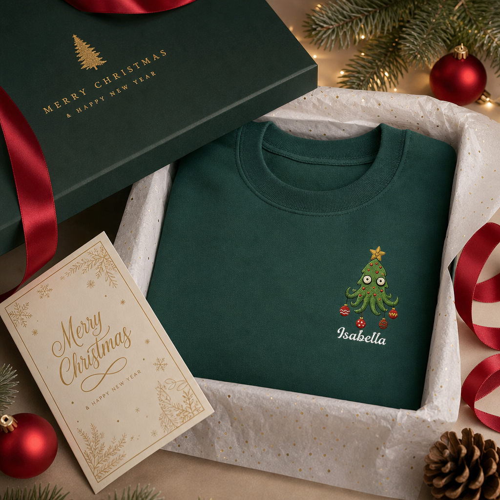 Personalized Embroidered Cute Christmas Tree Sweatshirt with Custom Name