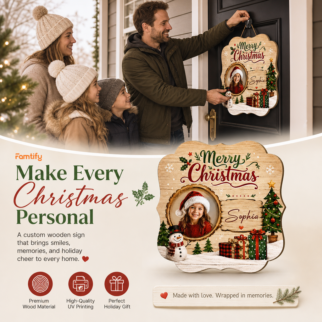 Personalized Merry Christmas Photo Frame Custom Shape Wood Sign, Custom Kid Photo Name Snowman Christmas Tree Wooden Hanging Plaque, Holiday Door & Wall Decor Family Gift