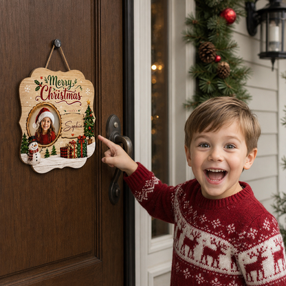 Personalized Merry Christmas Photo Frame Custom Shape Wood Sign, Custom Kid Photo Name Snowman Christmas Tree Wooden Hanging Plaque, Holiday Door & Wall Decor Family Gift