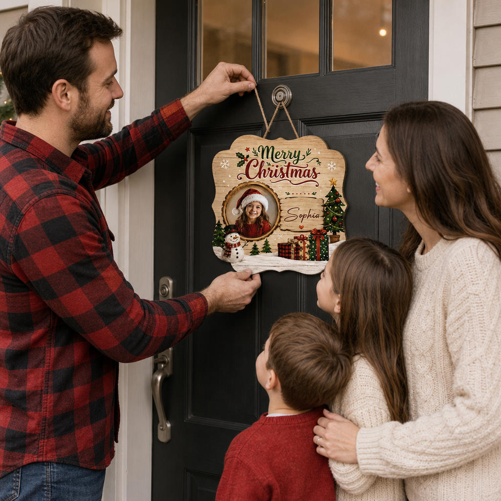 Personalized Merry Christmas Photo Frame Custom Shape Wood Sign, Custom Kid Photo Name Snowman Christmas Tree Wooden Hanging Plaque, Holiday Door & Wall Decor Family Gift
