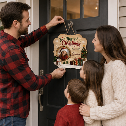 Personalized Merry Christmas Photo Frame Custom Shape Wood Sign, Custom Kid Photo Name Snowman Christmas Tree Wooden Hanging Plaque, Holiday Door & Wall Decor Family Gift