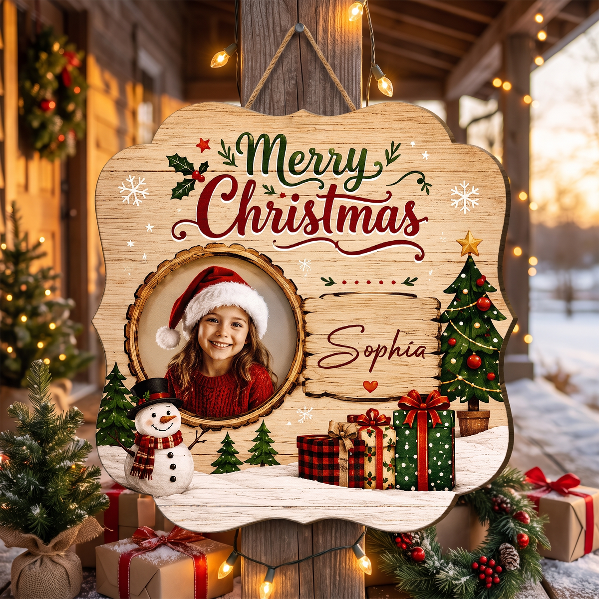Personalized Merry Christmas Photo Frame Custom Shape Wood Sign, Custom Kid Photo Name Snowman Christmas Tree Wooden Hanging Plaque, Holiday Door & Wall Decor Family Gift