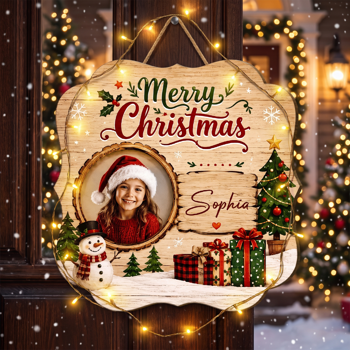 Personalized Merry Christmas Photo Frame Custom Shape Wood Sign, Custom Kid Photo Name Snowman Christmas Tree Wooden Hanging Plaque, Holiday Door & Wall Decor Family Gift