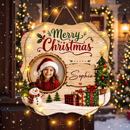 Personalized Merry Christmas Photo Frame Custom Shape Wood Sign, Custom Kid Photo Name Snowman Christmas Tree Wooden Hanging Plaque, Holiday Door & Wall Decor Family Gift