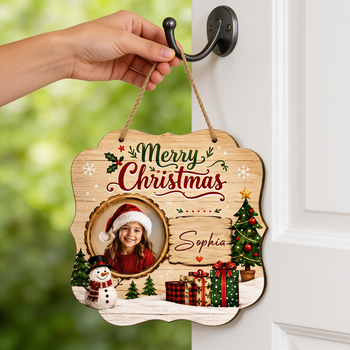 Personalized Merry Christmas Photo Frame Custom Shape Wood Sign, Custom Kid Photo Name Snowman Christmas Tree Wooden Hanging Plaque, Holiday Door & Wall Decor Family Gift