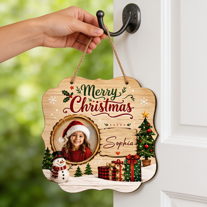 Personalized Merry Christmas Photo Frame Custom Shape Wood Sign, Custom Kid Photo Name Snowman Christmas Tree Wooden Hanging Plaque, Holiday Door & Wall Decor Family Gift