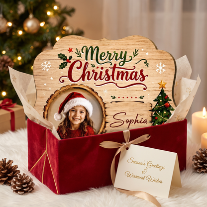 Personalized Merry Christmas Photo Frame Custom Shape Wood Sign, Custom Kid Photo Name Snowman Christmas Tree Wooden Hanging Plaque, Holiday Door & Wall Decor Family Gift
