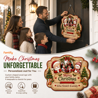 Personalized Merry Christmas Photo Frame Custom Shape Wood Sign, Custom Family Picture Name Santa Snowman Trees Wooden Hanging Plaque, Holiday Door & Wall Decor Family Gift