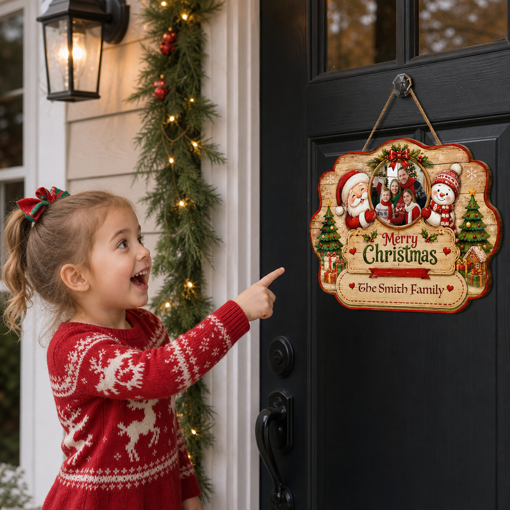 Personalized Merry Christmas Photo Frame Custom Shape Wood Sign, Custom Family Picture Name Santa Snowman Trees Wooden Hanging Plaque, Holiday Door & Wall Decor Family Gift