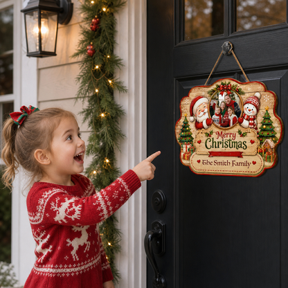 Personalized Merry Christmas Photo Frame Custom Shape Wood Sign, Custom Family Picture Name Santa Snowman Trees Wooden Hanging Plaque, Holiday Door & Wall Decor Family Gift