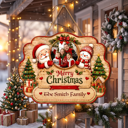 Personalized Merry Christmas Photo Frame Custom Shape Wood Sign, Custom Family Picture Name Santa Snowman Trees Wooden Hanging Plaque, Holiday Door & Wall Decor Family Gift