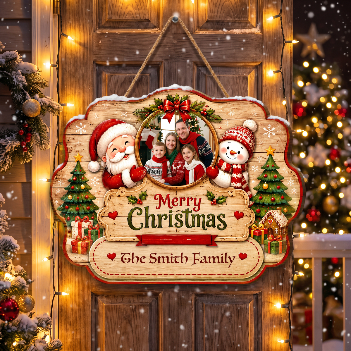 Personalized Merry Christmas Photo Frame Custom Shape Wood Sign, Custom Family Picture Name Santa Snowman Trees Wooden Hanging Plaque, Holiday Door & Wall Decor Family Gift