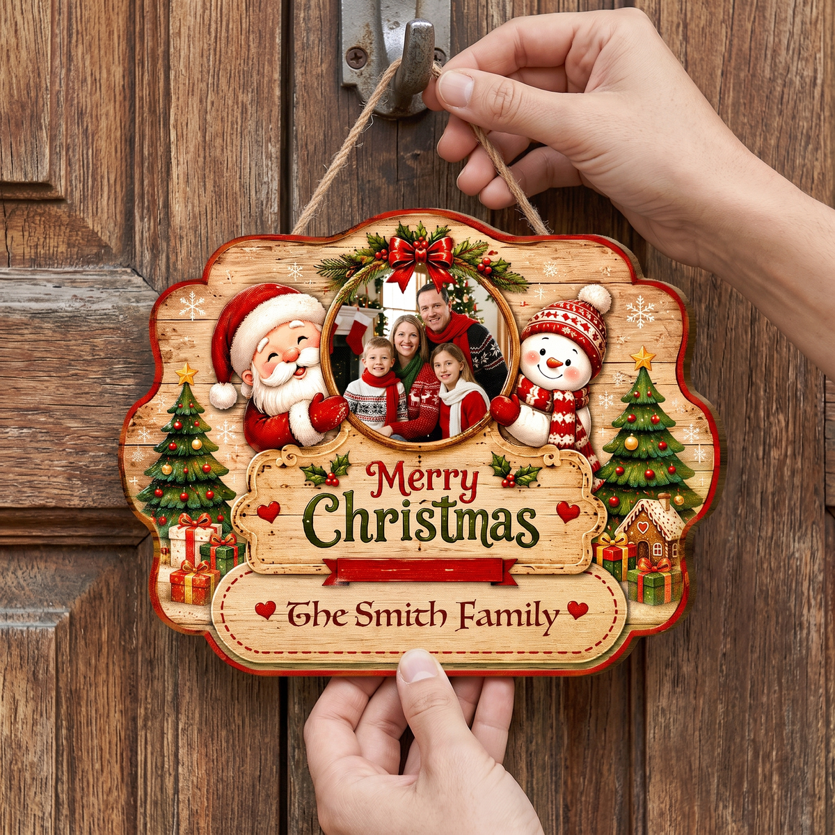 Personalized Merry Christmas Photo Frame Custom Shape Wood Sign, Custom Family Picture Name Santa Snowman Trees Wooden Hanging Plaque, Holiday Door & Wall Decor Family Gift