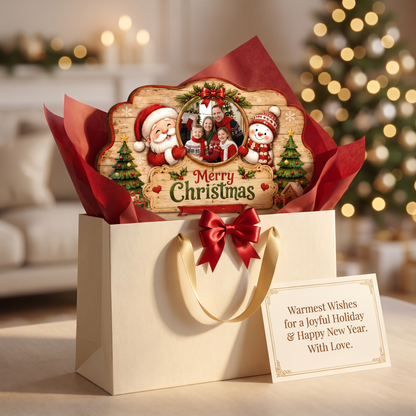 Personalized Merry Christmas Photo Frame Custom Shape Wood Sign, Custom Family Picture Name Santa Snowman Trees Wooden Hanging Plaque, Holiday Door & Wall Decor Family Gift