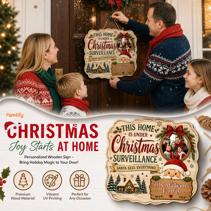 Personalized This Home Is Under Christmas Surveillance Custom Shape Wood Sign, Custom Family Photo Name Santa Claus Wooden Hanging Plaque, Funny Holiday Door & Wall Decor Family Gift