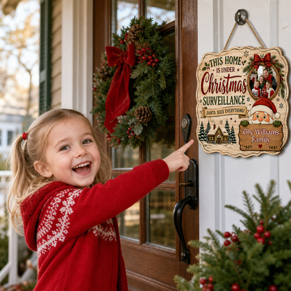 Personalized This Home Is Under Christmas Surveillance Custom Shape Wood Sign, Custom Family Photo Name Santa Claus Wooden Hanging Plaque, Funny Holiday Door & Wall Decor Family Gift