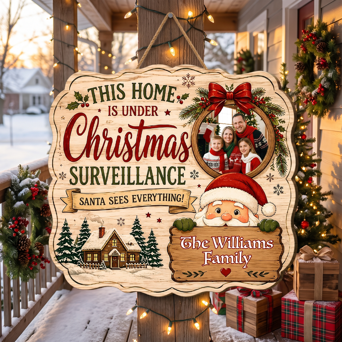 Personalized This Home Is Under Christmas Surveillance Custom Shape Wood Sign, Custom Family Photo Name Santa Claus Wooden Hanging Plaque, Funny Holiday Door & Wall Decor Family Gift