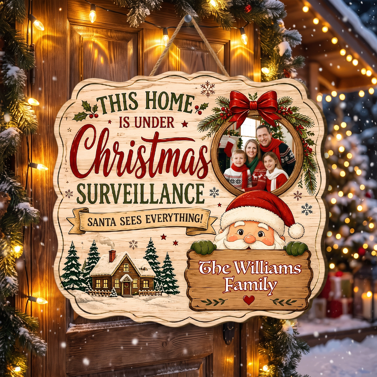 Personalized This Home Is Under Christmas Surveillance Custom Shape Wood Sign, Custom Family Photo Name Santa Claus Wooden Hanging Plaque, Funny Holiday Door & Wall Decor Family Gift