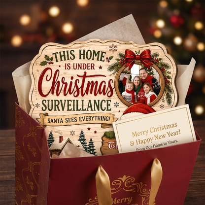 Personalized This Home Is Under Christmas Surveillance Custom Shape Wood Sign, Custom Family Photo Name Santa Claus Wooden Hanging Plaque, Funny Holiday Door & Wall Decor Family Gift