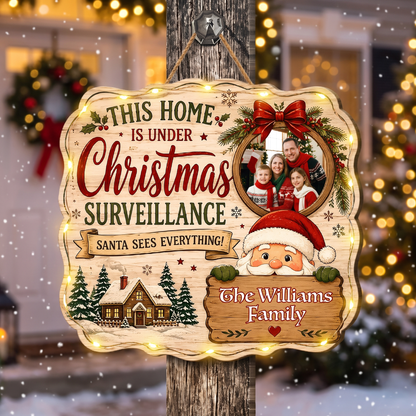 Personalized This Home Is Under Christmas Surveillance Custom Shape Wood Sign, Custom Family Photo Name Santa Claus Wooden Hanging Plaque, Funny Holiday Door & Wall Decor Family Gift