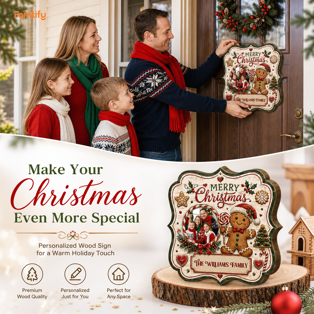 Personalized Gingerbread Man Photo Custom Shape Wood Sign, Custom Family Picture Name Merry Christmas Wooden Hanging Plaque, Festive Holiday Door & Wall Decor Family Gift
