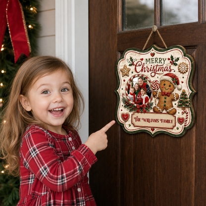 Personalized Gingerbread Man Photo Custom Shape Wood Sign, Custom Family Picture Name Merry Christmas Wooden Hanging Plaque, Festive Holiday Door & Wall Decor Family Gift