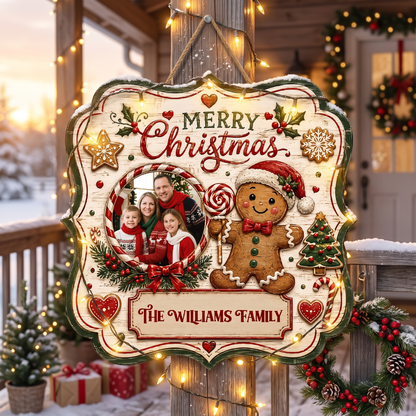 Personalized Gingerbread Man Photo Custom Shape Wood Sign, Custom Family Picture Name Merry Christmas Wooden Hanging Plaque, Festive Holiday Door & Wall Decor Family Gift