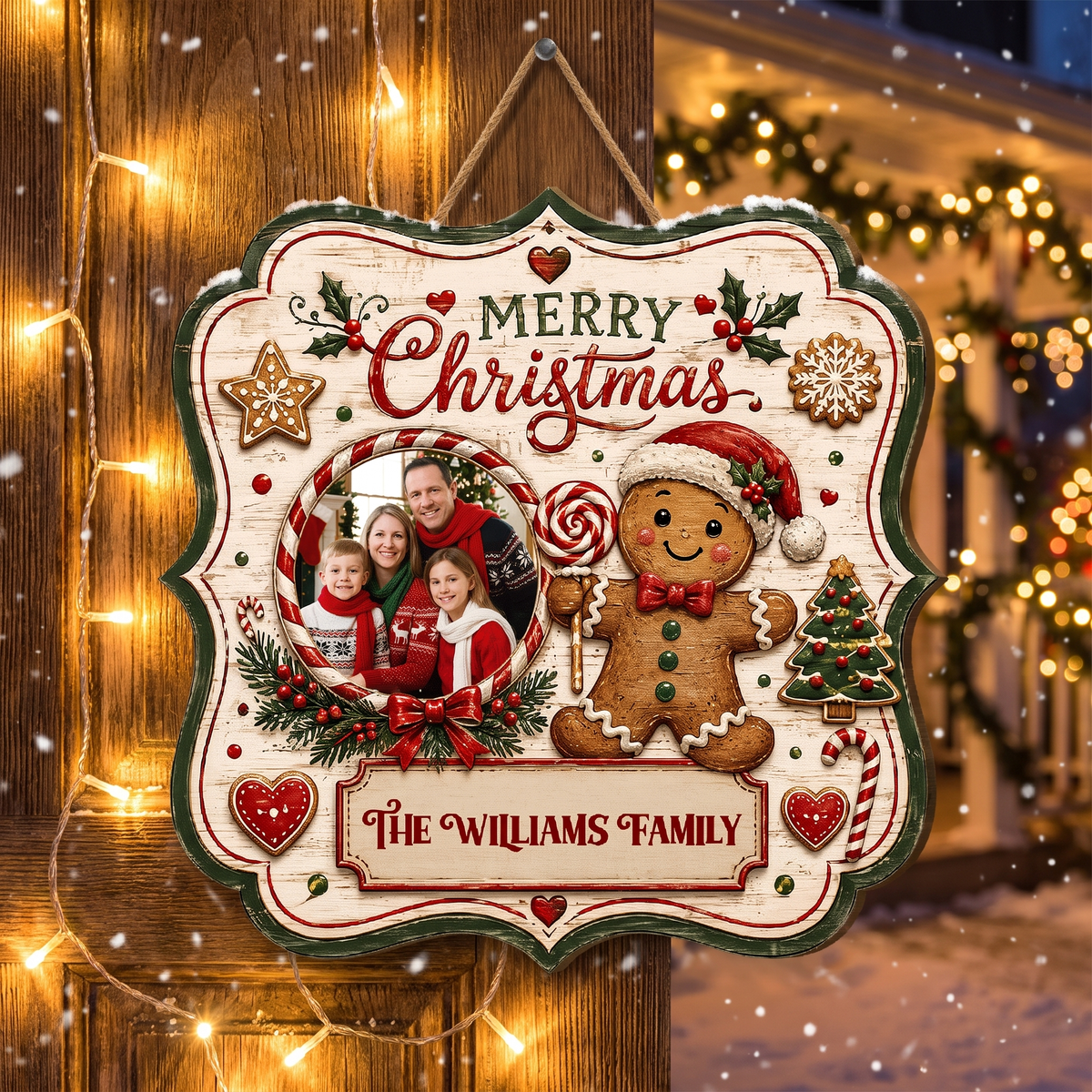 Personalized Gingerbread Man Photo Custom Shape Wood Sign, Custom Family Picture Name Merry Christmas Wooden Hanging Plaque, Festive Holiday Door & Wall Decor Family Gift