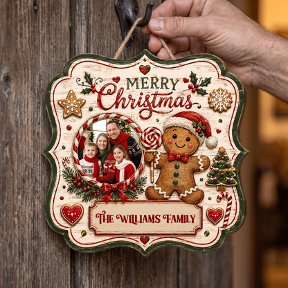 Personalized Gingerbread Man Photo Custom Shape Wood Sign, Custom Family Picture Name Merry Christmas Wooden Hanging Plaque, Festive Holiday Door & Wall Decor Family Gift