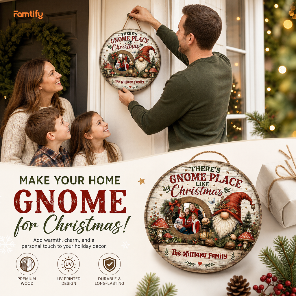 Personalized There's Gnome Place Like Christmas Photo Custom Shape Wood Sign, Custom Family Picture Name Nordic Gnome Lantern Wooden Hanging Plaque, Rustic Holiday Door & Wall Decor Family Gift
