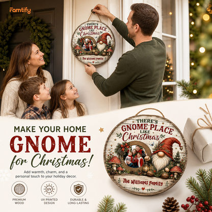 Personalized There's Gnome Place Like Christmas Photo Custom Shape Wood Sign, Custom Family Picture Name Nordic Gnome Lantern Wooden Hanging Plaque, Rustic Holiday Door & Wall Decor Family Gift