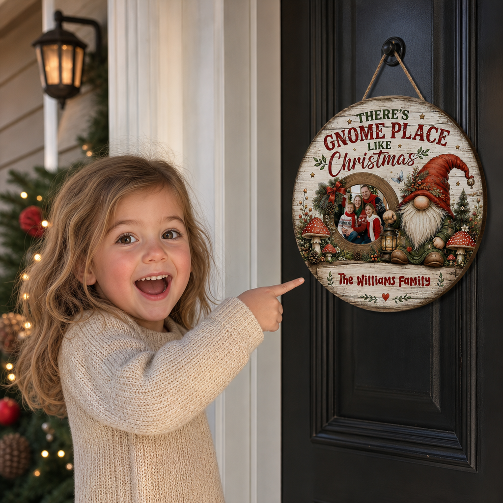 Personalized There's Gnome Place Like Christmas Photo Custom Shape Wood Sign, Custom Family Picture Name Nordic Gnome Lantern Wooden Hanging Plaque, Rustic Holiday Door & Wall Decor Family Gift